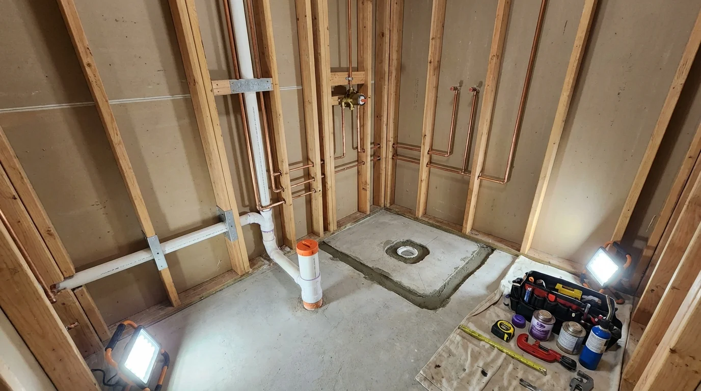 Bathroom rough-in plumbing during remodel by Johns Plumbing LLC in Eldon