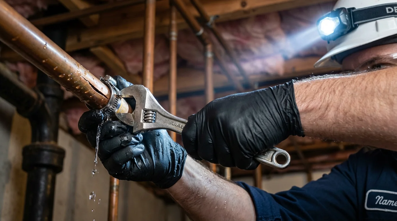 Emergency pipe clamp repair being performed by a Johns Plumbing LLC plumber in Eldon