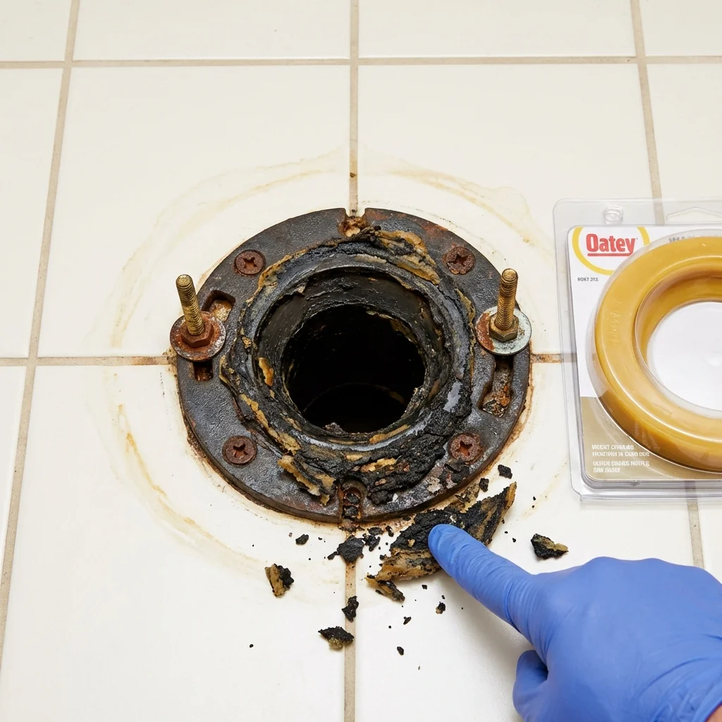 Failed wax ring showing water seepage at the base of a toilet in a Eldon, MO home