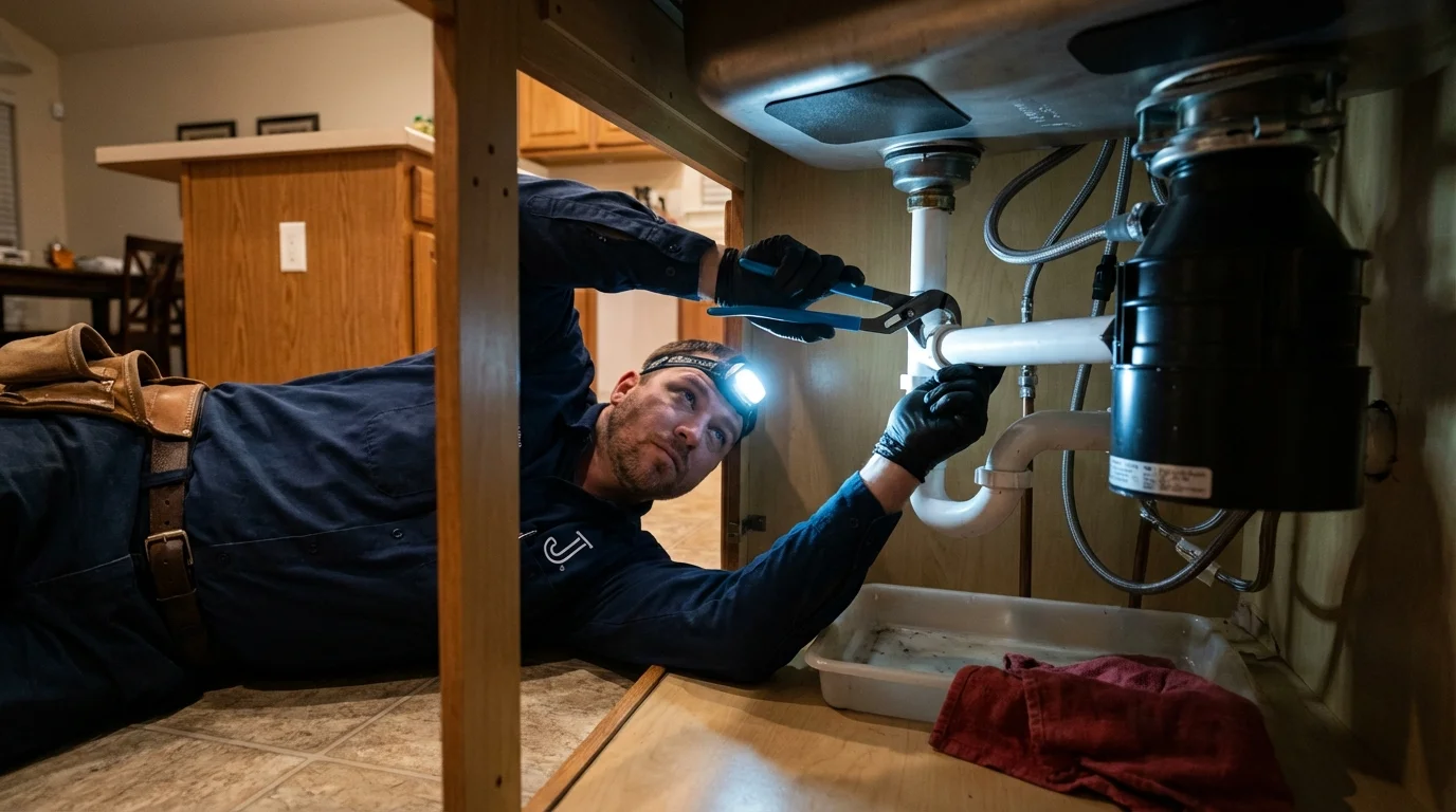 P-trap and supply line connections under a kitchen sink showing a common leak point in Eldon, MO